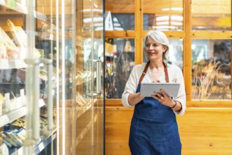 Senior saleswoman wearing apron using digital tablet checking stock availability, working in