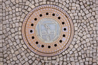 Manhole covers, paving stones, Magdeburg, state capital, independent city, Saxony-Anhalt, Germany,