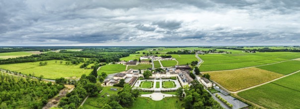 Panorama of Vineyard of Chateau Beychevelle from a drone, Saint-Julien-Beychevelle, France, Europe