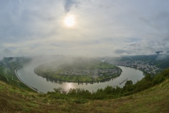 Dreamy river landscape with clouds and sunlight, surrounded by hills, summer, Rhine bend Boppard,