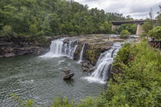 People playing on the rocks above the Little River Falls in Little River Canyon Falls Park near Ft.