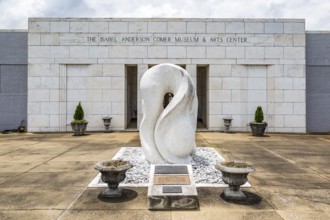 Marble sculpture outside of the front of Isabel Anderson Comer Museum and Arts Center in Sylacauga,