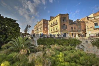 HDR, Largo Aretusa, Fonte Aretusa, Architectural scene with bridge, lush greenery and lively