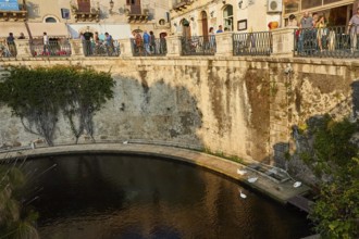 Largo Aretusa, Fonte Aretusa, scenic bridge over water with walkers and plants in the city centre,