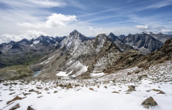 View on the ascent to the Bösen Weibl, mountain landscape with fresh snow in summer, summit Roter