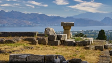 Ruins overlooking a landscape of sea and mountains under a blue sky, Doric Temple, Early Christian