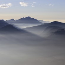 Mountain silhouettes... Alpine peaks and mountain ranges, Bavarian Alps, romantic view from