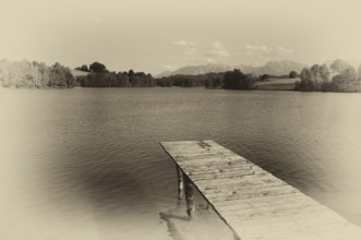 Bathing jetty, jetty, wooden jetty, jetty, leads into a lake, bathing lake, Schwaltenweiher near