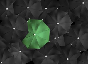 Concept image with lots of black umbrellas and a green umbrella that stands out, be unique