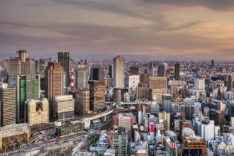 Osaka Japan. Aerial view of the city at dusk
