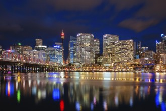 Sydney, Australia, October 14 2013: Sydney skyline and Pyrmont bridge at dusk near Darling Harbour,
