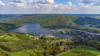 Aerial view of the Rursee in the Eifel region, Germany with Woffelsbach, a district of the city