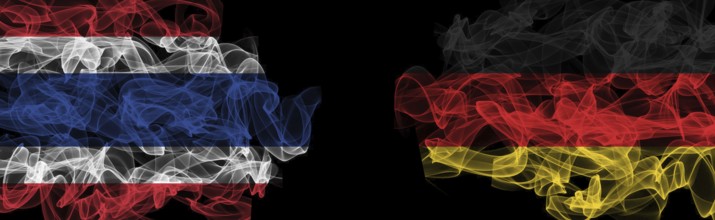 Flags of Thailand and Germany on Black background, Thailand vs Germany Smoke Flags
