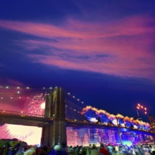 July 4th 2014 fireworks at Brooklyn bridge Manhattan skyline New York USA