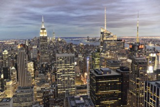 Rockefeller Center observation deck, panoramic view of the dense New York City skyline, skyscrapers