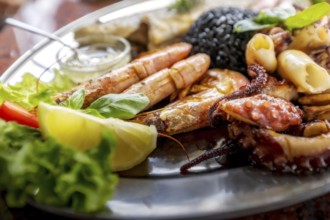 Roasted Mixed Seafood plate with Calamari Squids, prawns and Grilled octopus, Mediterranean