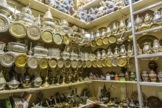 Marketplace in historic medina, full of souvenirs, leather bags, metal pieces, Tetouan, Morocco,
