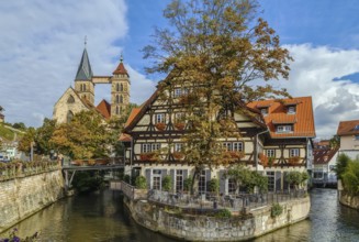 View of channel with restaurant building in Esslingen am Neckar, Germany, Europe