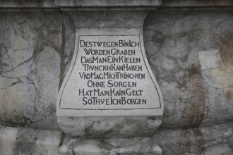Historical inscription, iron fountain on the main square, Bruck an der Mur, Styria, Austria, Europe
