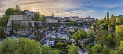 Grand Duchy of Luxembourg, sunset city skyline at Grund along Alzette river in the historical old