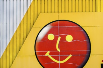 Metal façade with logo of POCO furniture stores, Kempten, Allgäu, Bavaria, Germany, Europe
