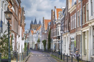 Street with historical houses in Haarlem city center, Netherlands