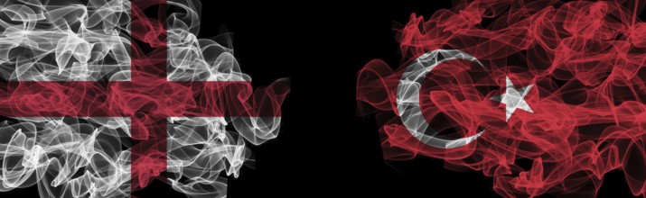 Flags of England and Turkey on Black background, England vs Turkey Smoke Flags
