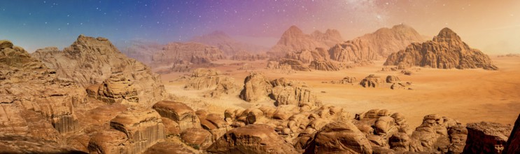 Desert and rocks on extraterrestrial or alien planet in the universe with view on space and galaxy.