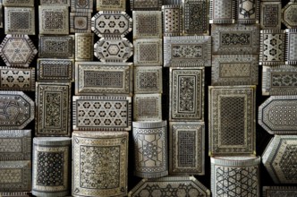 Decorated souvenir boxes in cairo egypt souk market