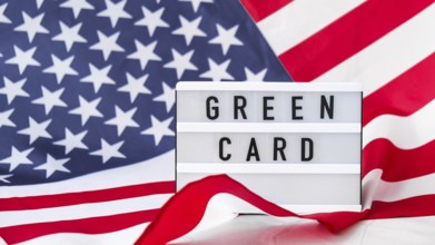 American flag. Lightbox with text GREEN CARD Flag of the united states of America. July 4th