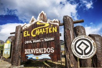 Entrance to the village with sign, El Chaltén, Los Glaciares National Park, Santa Cruz, Patagonia,