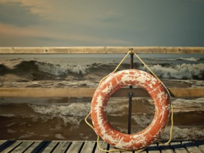 Storm at the sea, pier with life buoy