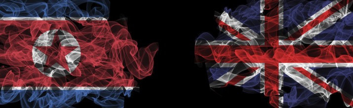 Flags of North Korea and United Kingdom on Black background, North Korea vs United Kingdom Smoke