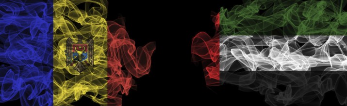 Flags of Moldova and UAE on Black background, Moldova vs United Arab Emirates Smoke Flags