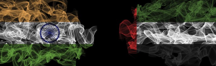 Flags of India and UAE on Black background, India vs United Arab Emirates Smoke Flags