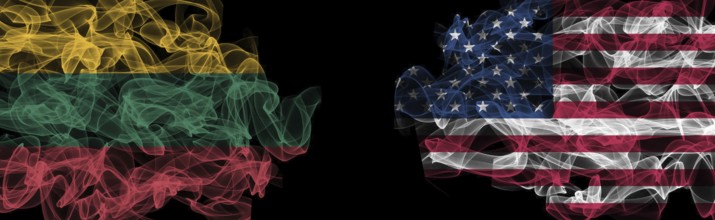 Flags of Lithuania and USA on Black background, Lithuania vs USA Smoke Flags