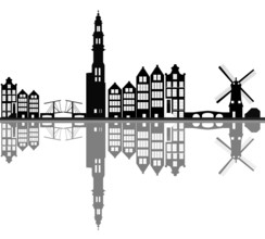 Dutch amsterdam skyline with bridge and windmill