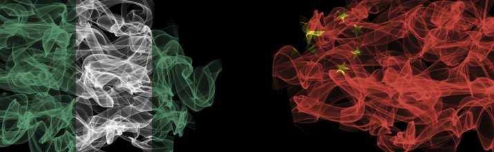 Flags of Nigeria and China on Black background, Nigeria vs China Smoke Flags