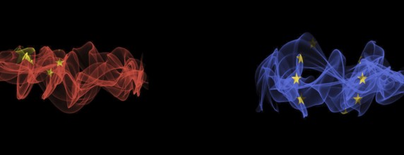 Flags of China and EU on Black background, China vs Europe Union Smoke Flags