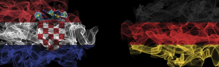 Flags of Croatia and Germany on Black background, Croatia vs Germany Smoke Flags