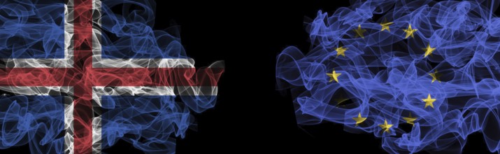 Flags of Iceland and EU on Black background, Iceland vs Europe Union Smoke Flags