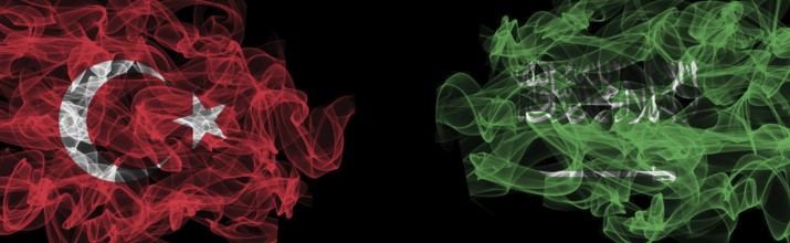 Flags of Turkey and Saudi Arabia on Black background, Turkey vs Saudi Arabia Smoke Flags