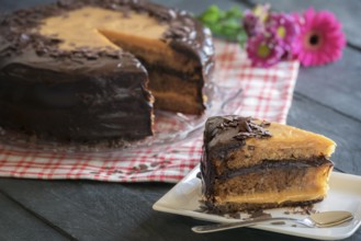 Tasty piece of cake with a Brigadeiro filling made with condensed milk and chocolate, with the