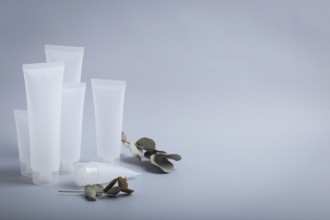 White empty plastic cosmetic tubes staying at gray background with eucalyptus branches, concept of