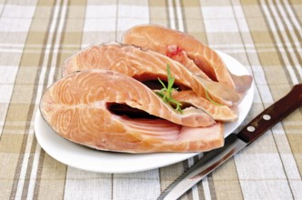 Three pieces of trout in white plate with rosemary on a checkered cloth background