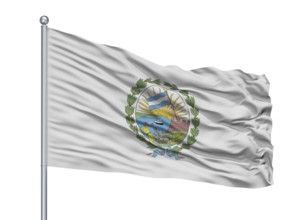 Rosario City Flag On Flagpole, Country Argentina, Isolated On White Background, 3D Rendering