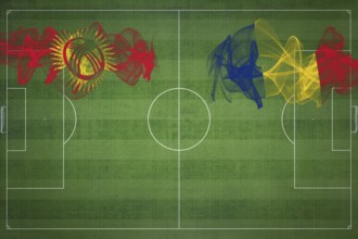 Kyrgyzstan vs Romania Soccer Match, national colors, national flags, soccer field, football game,