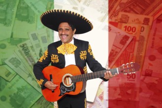 Charro Mariachi man playing guitar over mexican peso notes and flag background