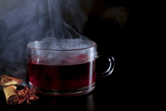 Steaming cup of hot tea with star anise and cinnamon stick isolated on black background and copy