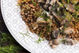 Stewed turkey stomachs with vegetables and buckwheat in a bowl